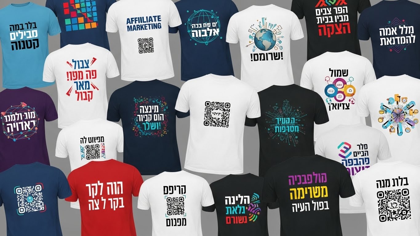 תצוגת קולאז' של עיצובי חולצות שונים עם לוגואים, סלוגנים וגרפיקה דיגיטלית