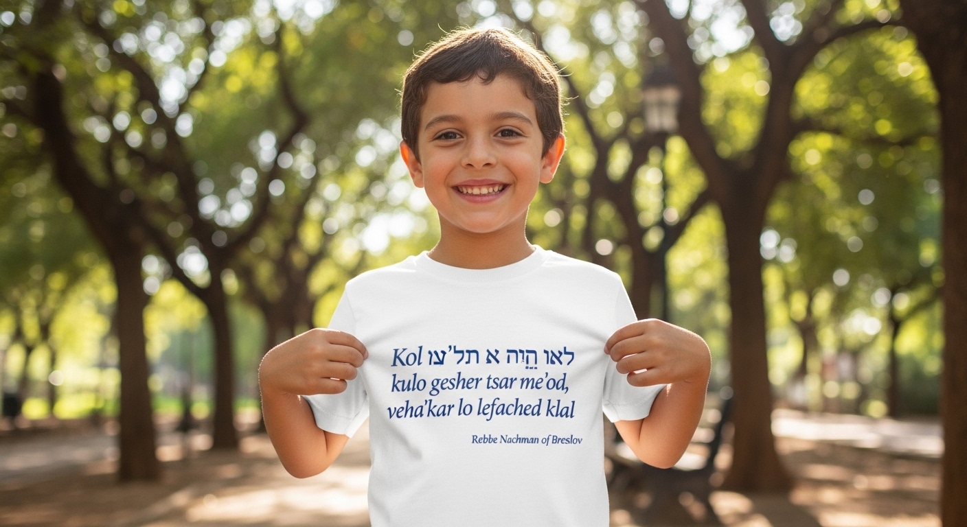 ילד ממחיש חולצה עם ציטוט עברי בפני ירק פתוח