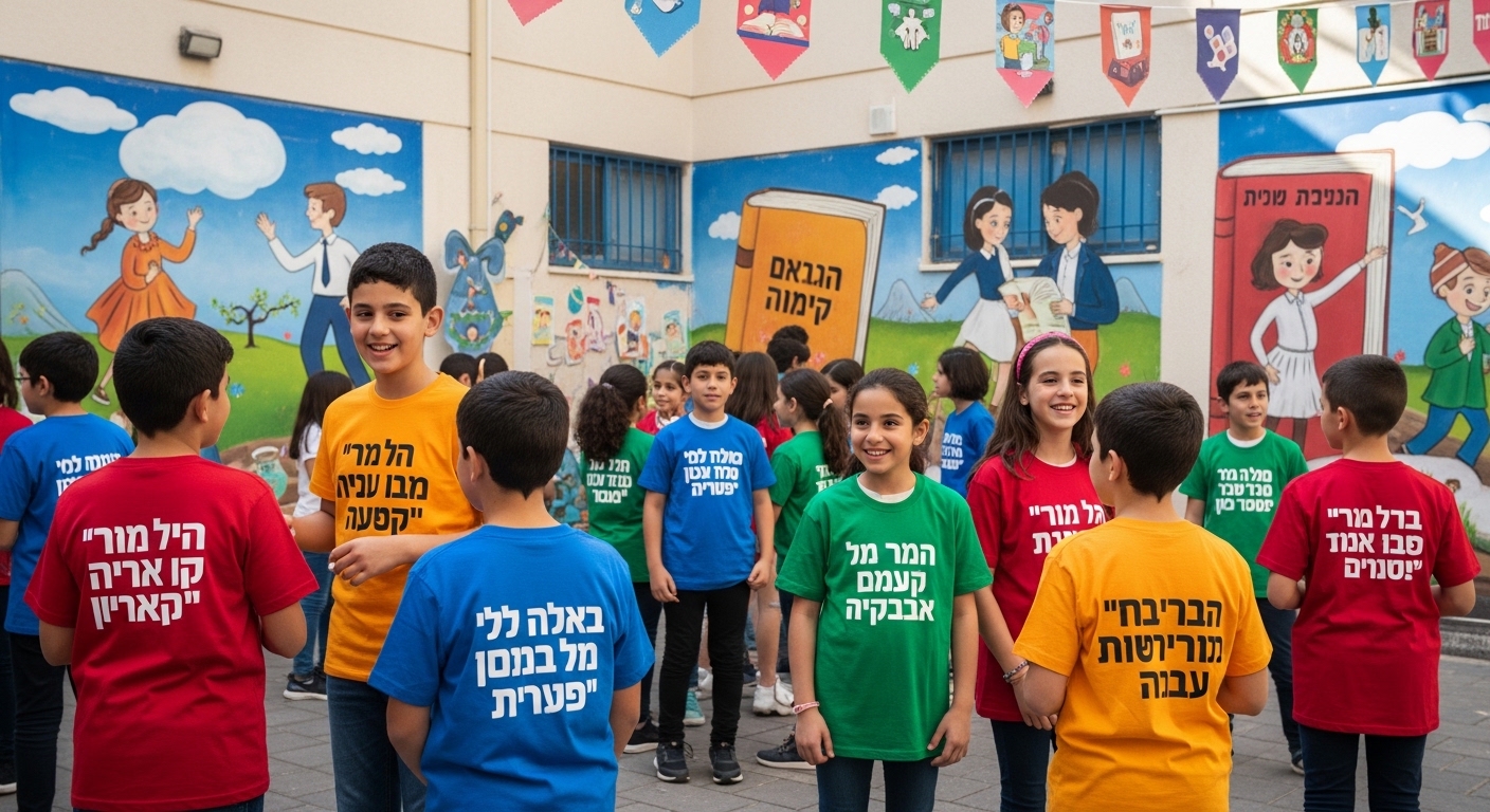 ילדים בבית ספר לובשים חולצות מודפסות עם ציטוטים מספרות ישראלית ביום הספר