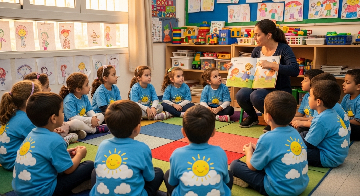 ילדים ישראלים בגיל גן ישובים יחד לשיעור, לבושים חולצות מעון תואמות בצבע תכלת בהיר