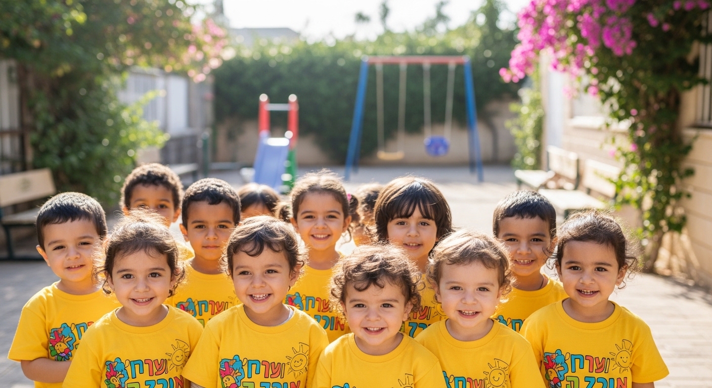 כיתת מעון יום ישראלית עם ילדים לבושים חולצות צוות תואמות, מחייכים ומציגים יד-ביד