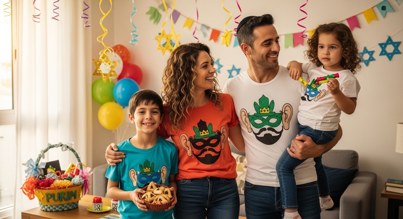 משפחה ישראלית עם חולצות פורים תואמות