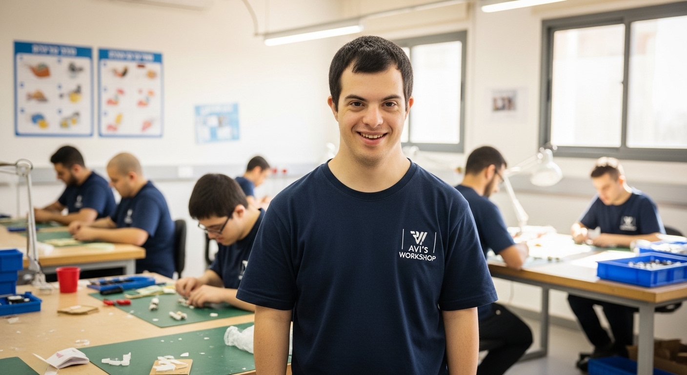 עובד ממרכז תעסוקה נתמכת בחולצה ממותגת ומחייך בסביבת עבודה