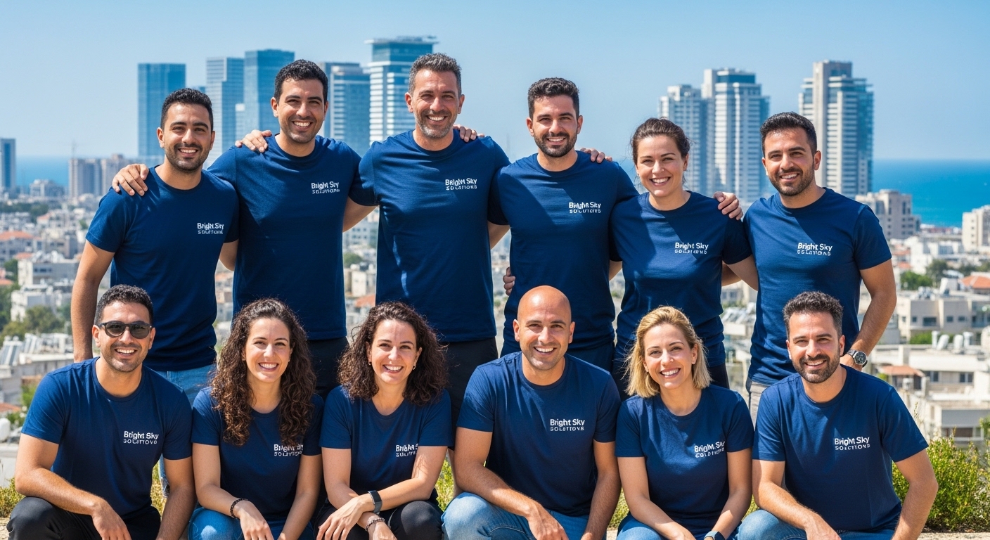 קבוצת עובדים ישראלים לובשת חולצות גיבוש מותאמות אישית בחוץ