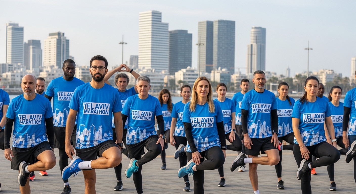 קבוצת רצים מוכנה לסטארט עם חולצות דריפיט מודפסות ומותאמות אישית