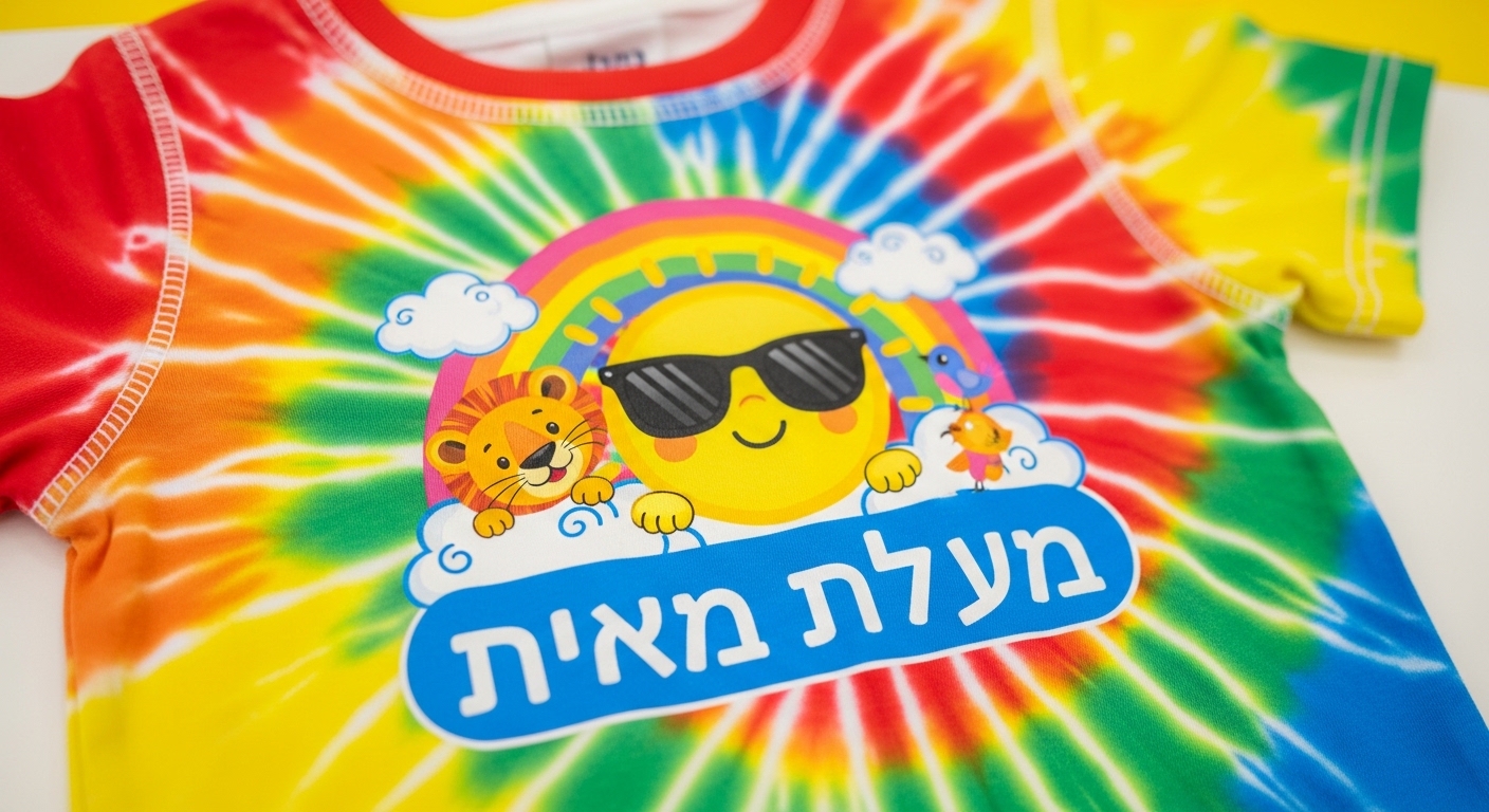תקריב על חולצת ילד מודפסת עם לוגו מעון יום ישראלי, רקע בהיר