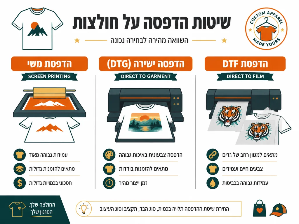 אינפוגרפיקה המשווה שיטות הדפסה על חולצות