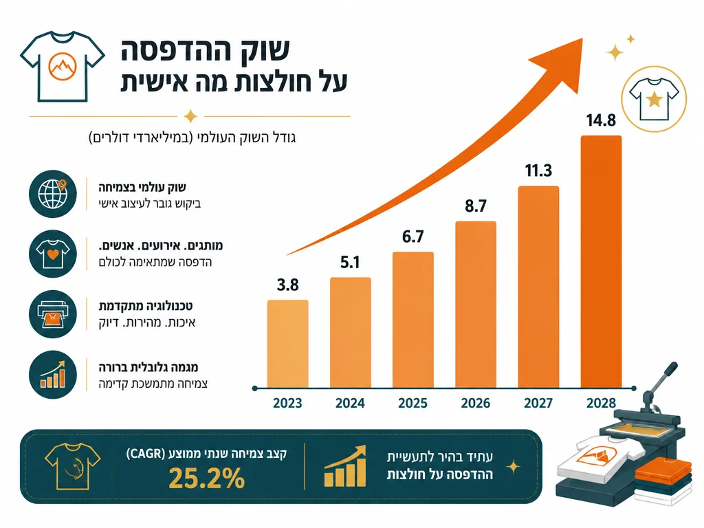 אינפוגרפיקה על גודל וצמיחת שוק החולצות המודפסות בעולם