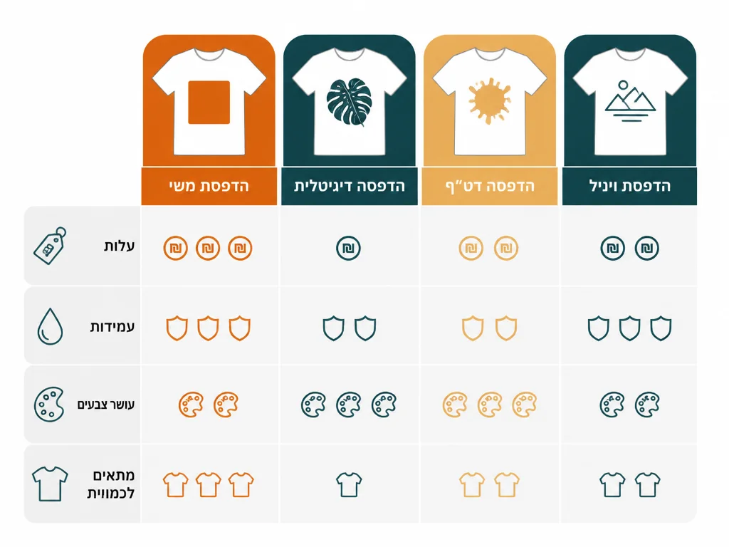 אינפוגרפיקה בעברית המסבירה רקמה מול הדפסה על חולצות ממותגות