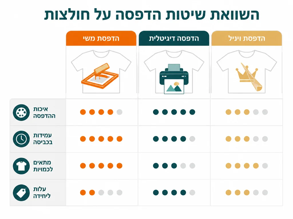 אינפוגרפיקה בעברית המסבירה CMYK מול RGB מול פנטון בהדפסה על חולצות