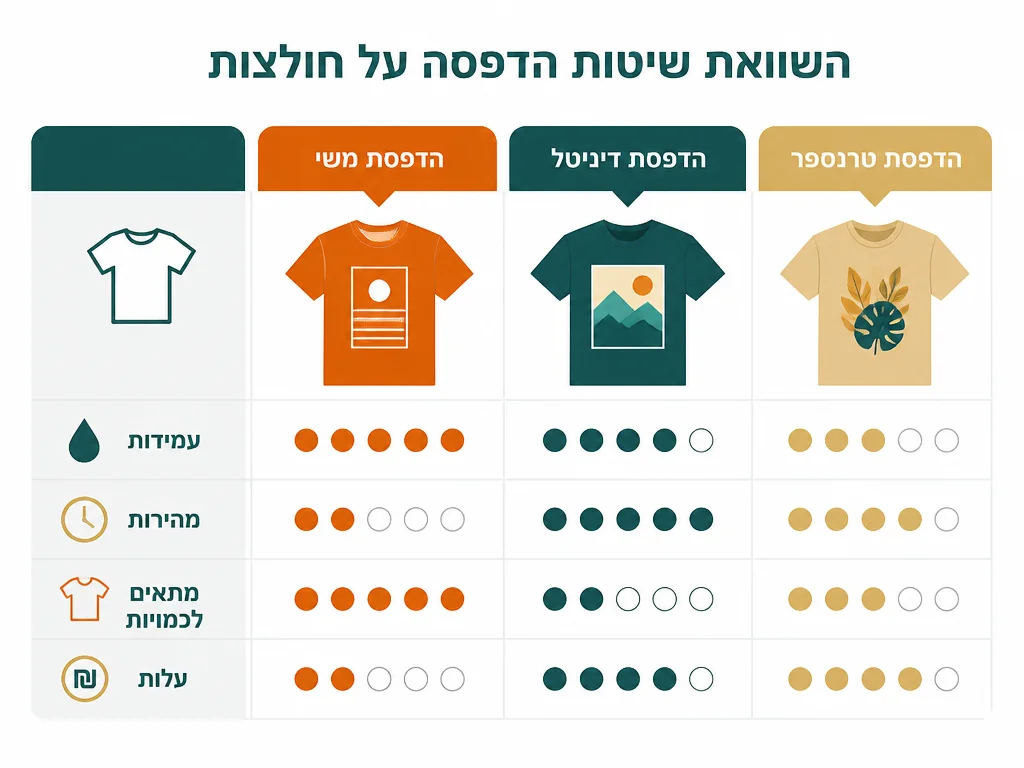 אינפוגרפיקה בעברית המסבירה גודל ומיקום הדפסה על חולצה