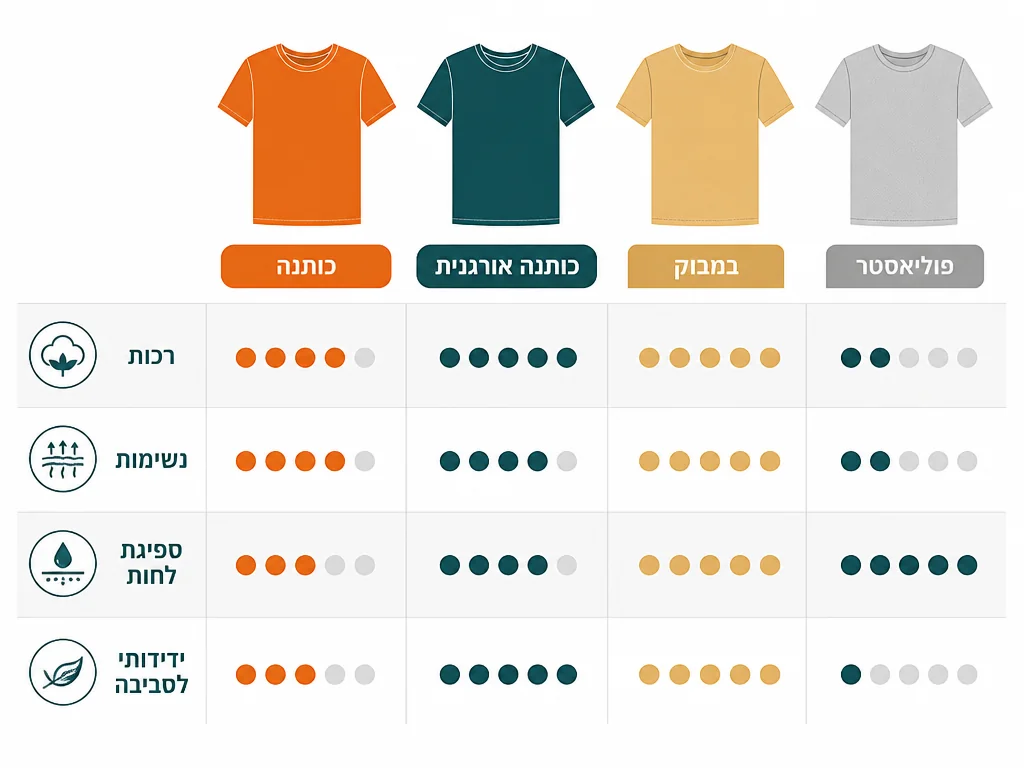 אינפוגרפיקה בעברית המסבירה כותנה מול פוליאסטר מול דרייפיט להדפסה