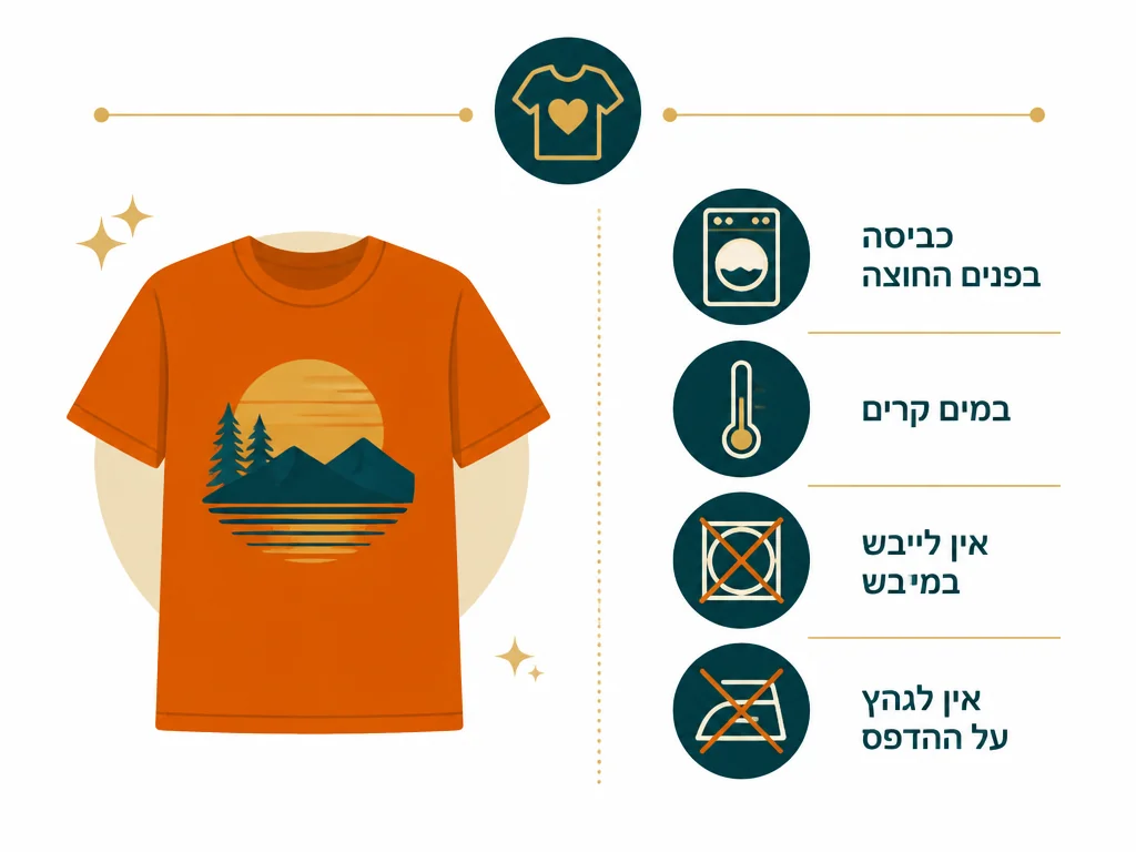 אינפוגרפיקה בעברית המסבירה איך לכבס חולצה מודפסת בלי להרוס את ההדפס