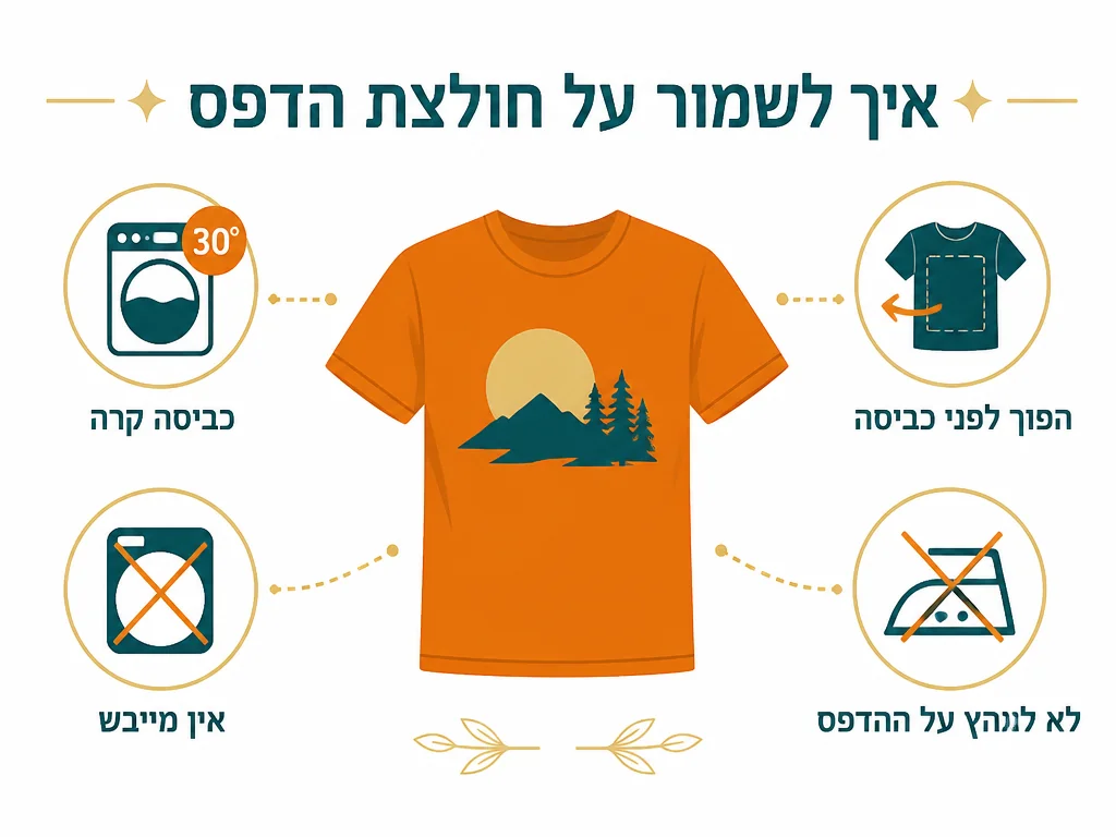 אינפוגרפיקה בעברית המסבירה גיהוץ חולצה מודפסת