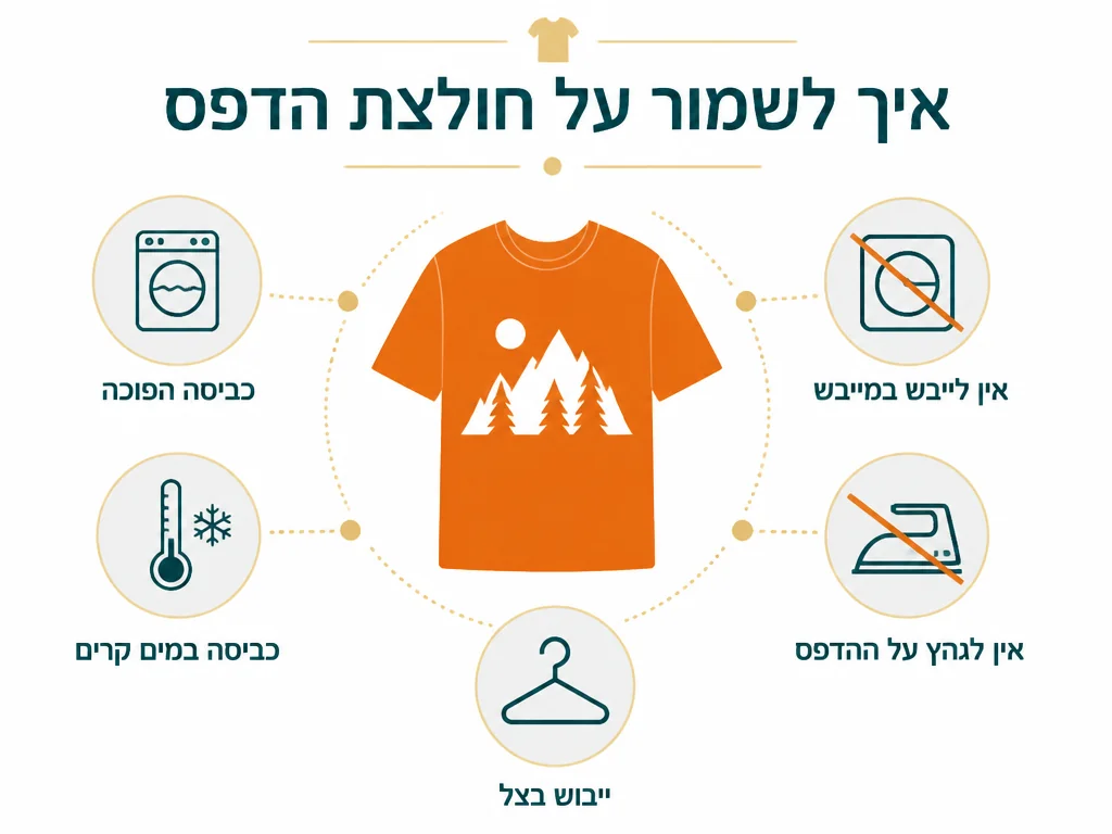 אינפוגרפיקה בעברית המסבירה הכביסה הראשונה של חולצה מודפסת