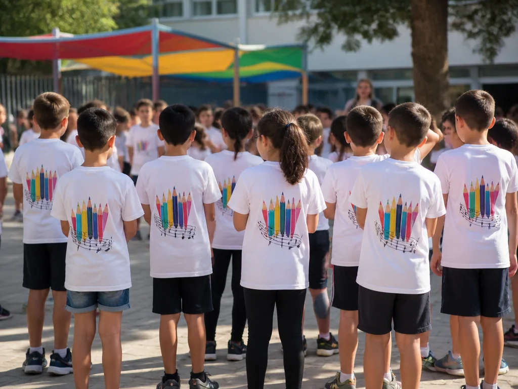 חולצה מודפסת בסדנת הדפסה, ממחיש חולצות אחידות לבתי ספר יסודיים