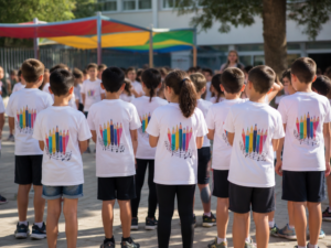 חולצה מודפסת בסדנת הדפסה, ממחיש חולצות אחידות לבתי ספר יסודיים